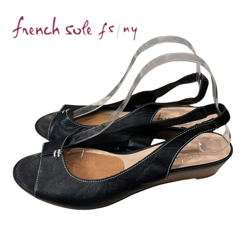 FS/NY French Sole Namely Black Leather Slingback Wedge Open Toe Sandals 9.5